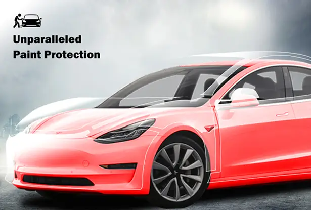 Red Tesla Model 3 with a glowing overlay effect, representing full-body ceramic protection from environmental damage.