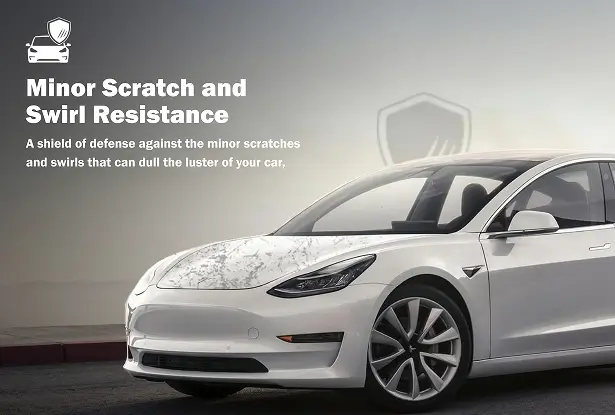 White Tesla Model 3 with a smooth, reflective finish parked in front of a shield icon backdrop representing scratch protection.