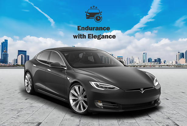 Matte black Tesla Model S with high-end paint protection film parked against a modern cityscape and blue sky.