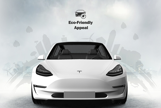 White Tesla Model 3 promoting eco-friendly vehicle wrap with a clean, minimal background and urban silhouette.