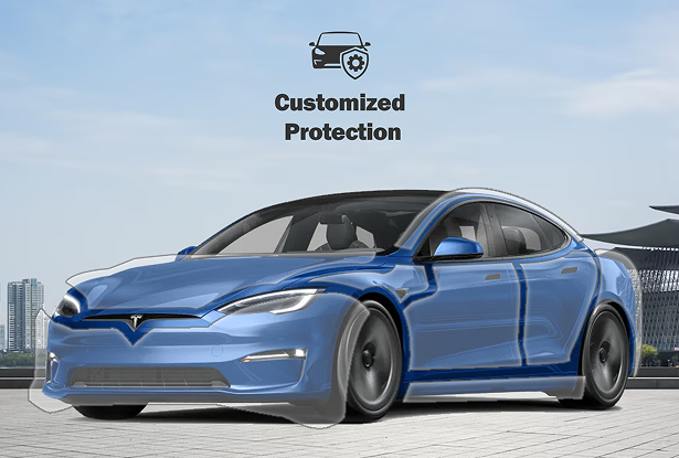 Blue Tesla Model S featuring custom paint protection film with partial coverage under a clear sky.