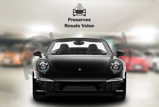 Front view of a black Porsche in a car lot, illustrating the value of well-maintained exterior through protective film.