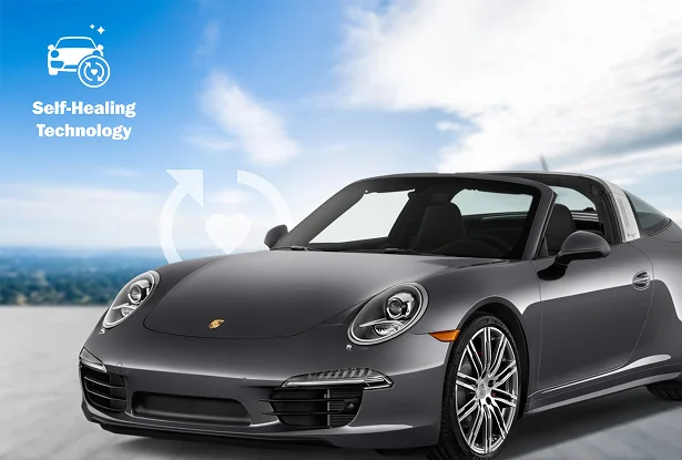 Black Porsche convertible parked on a scenic overlook, representing self-healing paint protection under natural sunlight.