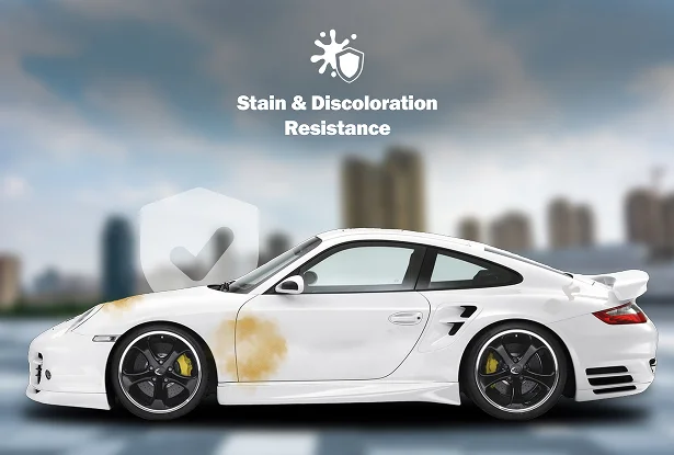White Porsche with visible stains on paint surface, illustrating the need for stain and discoloration protection in urban environments.