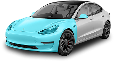 Tesla Model 3 with entire front end, including hood, fenders, bumper, mirrors, and headlights, fully highlighted in blue.