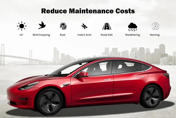 Red Tesla Model 3 with icons showing protection against UV, bird droppings, rust, insect acid, road salt, and weathering, illustrating reduced maintenance with PPF.