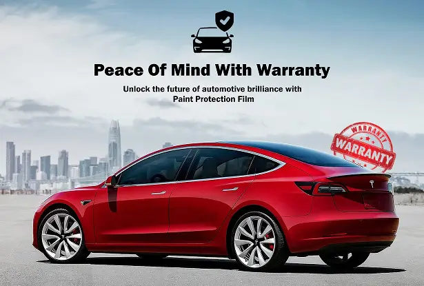 Red Tesla Model 3 with a warranty badge overlay, representing long-term protection and assurance provided by PPF warranty coverage.