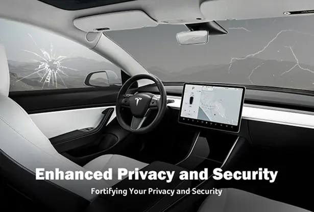 Interior of a Tesla with cracked side windows, emphasizing privacy tint benefits for theft deterrence and protection.