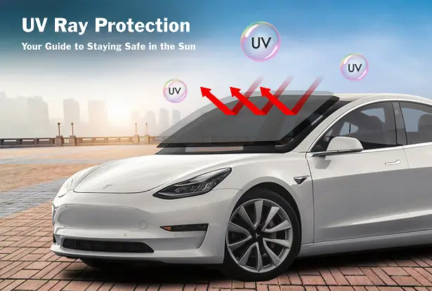 White Tesla with red arrows and UV icons illustrating UV rays being blocked by tinted windows under a bright sky.