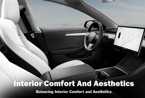 Interior view of a Tesla with white leather seats and a large central display, showcasing a clean, modern cabin design.