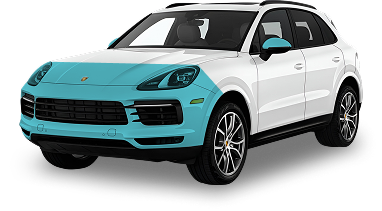 Vehicle with light blue PPF coverage on hood, fenders, bumper, mirrors, and headlights to show partial front protection.